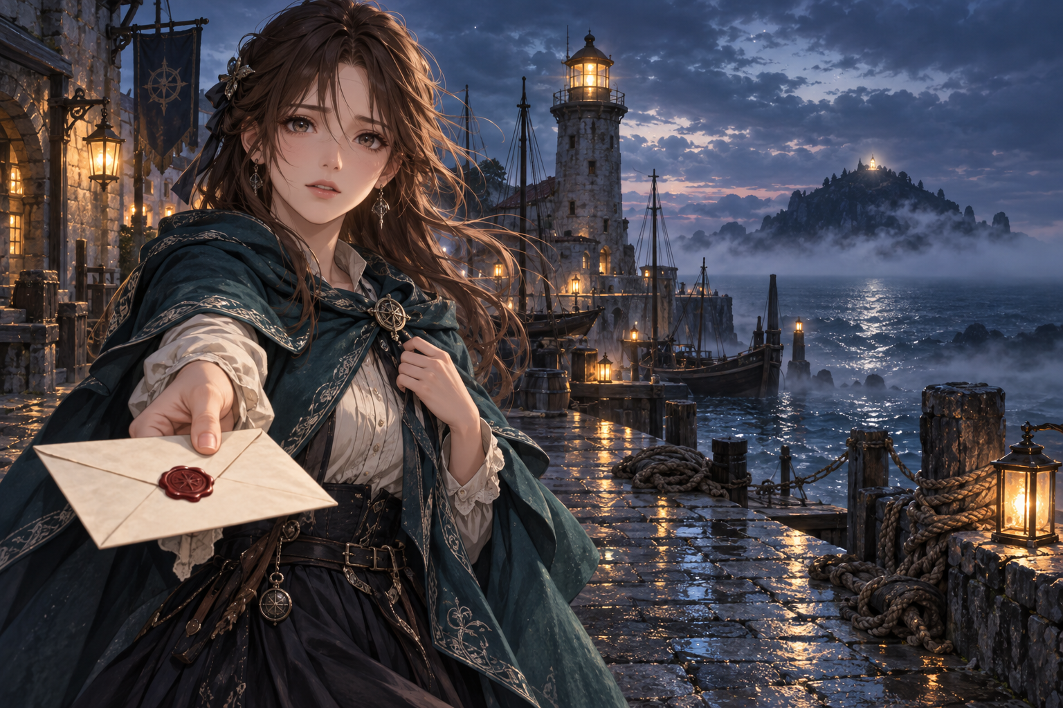 挿絵のイメージ。夕暮れの霧深い港で、青緑のマントを羽織った若い女性が、古い灯台のそばから赤い封蝋の手紙を差し出している。海の向こうの島には小さな灯りが見える。